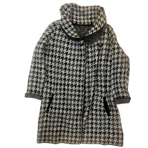 Tahari Black and Gray Houndstooth Cape Coat Cowl Collar Mid Length L